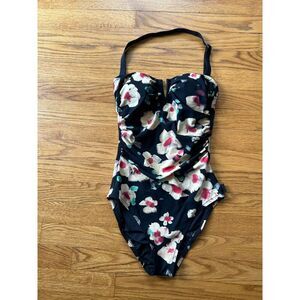 SHAN Women's Black Floral Halter Bandeau One Piece Swimsuit Size US 6